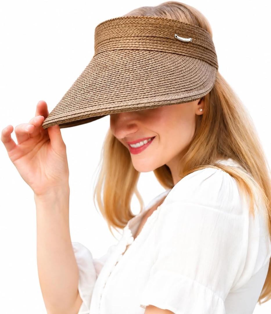 Women's Wide Brim Sun Hat Straw Sun Visor Hat, Natural Straw, Visor Cap UPF 50 Protection, Foldable Beach Hat with Ponytail (Brown)
