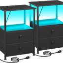 LOAKEKEL Night Stand Set 2, LED Nightstand with Charging Station, End Tables with Storage Shelf, Bed Side Table with 2 Fabric Drawers for Bedroom, Small Spaces, Black, HETS02BK