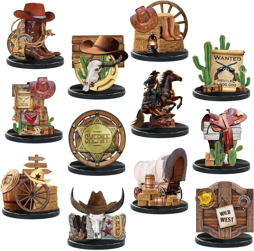 12 Pcs Western Centerpieces Wild West Party Decorations 3.94 Inches Christmas Western Wooden Centerpieces for Tables for Party Decorations Birthday Baby Shower (Brown,Cowboy)