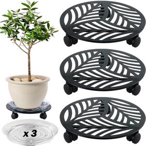 3 Packs Large Metal Plant Caddy with 3 PU Wheels 12" Heavy-duty Wrought Iron Rolling Plant Stands Indoor Outdoor Wheeled Plant Dolly Planter Mover Rollers Plant Trolley Cart, Plant Saucers Included