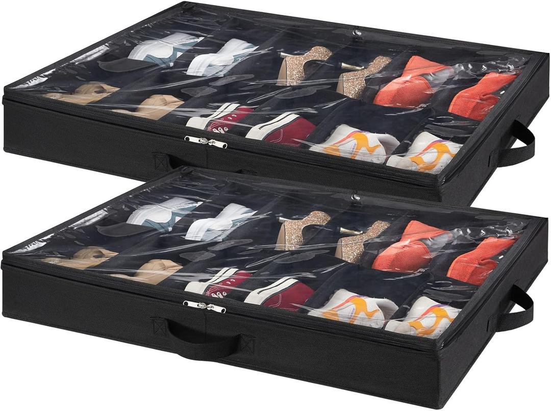 Lifewit Under Bed Shoe Storage Organizer Set of 2, 4.3 Inches Tall Low Profile Fabric Shoes Container Box with Clear Cover, Foldable Storage Bag with 2 Handles, Total Fits 24 Pairs of Shoes, Black