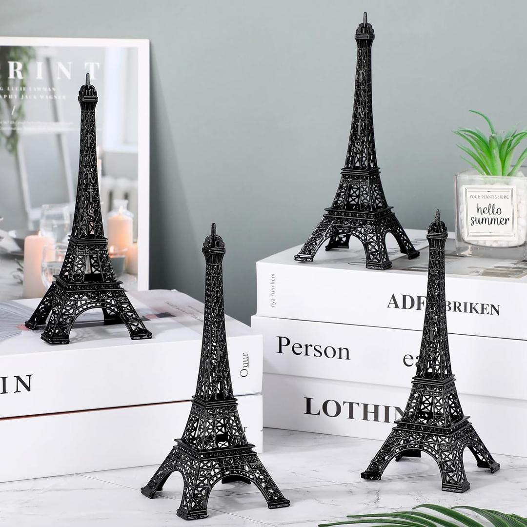 Therwen 4 Pcs Eiffel Tower Statue Decor Metal Paris France Eiffel Tower Model Figurine Paris Craft Art Statue Model Desk Room Decoration Gift for Party Table(7 Inch,Black)