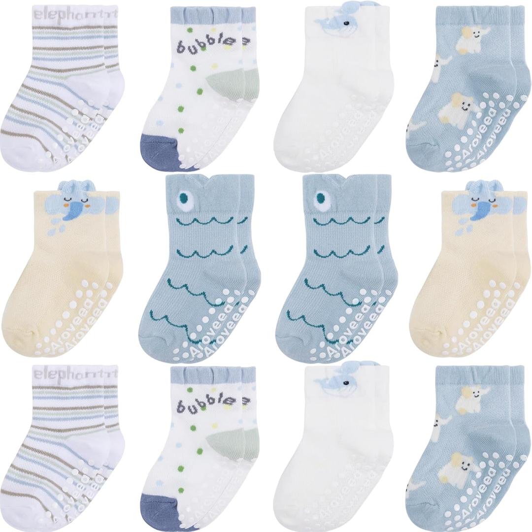 Aroveea Non Slip Grip Ankle Baby Socks 12 Pack for Toddler Boys and Girls Kids,Infant Cute Cotton Baby Socks