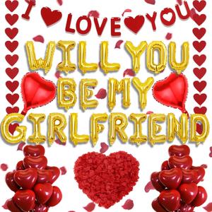 Will You Be My Girlfriend - 550 Pcs Romantic Gold Letter Foil Balloons I Love You Banner Garland Streamer Rose Petals For Valentine's Day Confessions Anniversaries Proposal Engagements Decorations