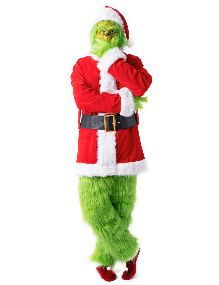 Santa Costume Adult.Christmas Costume 7pcs Suit With Green Monster Mask and Red Hat.Christmas Gift Box Packaging L