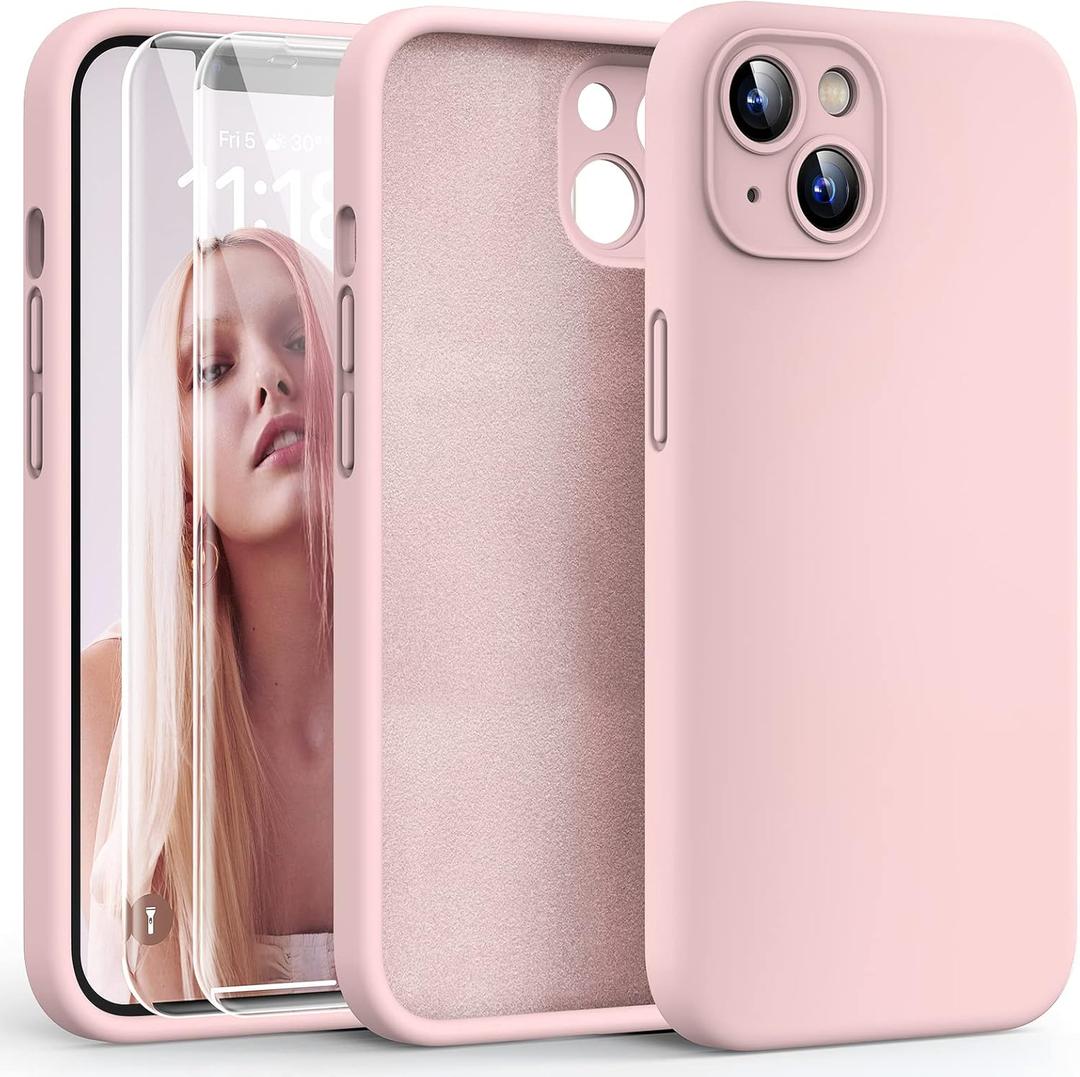 2 x HATOSHI for iPhone 13 Case, Liquid Silicone Upgraded [Camera Protection] with [2 Screen Protectors], Soft Anti-Scratch Microfiber Lining Shockproof Phone Case for iPhone 13 6.1 inch, Chalk Pink