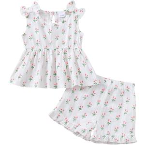 Kucnuzki Toddler Baby Girl Clothes Sleeveless Tank Tops Ruffle Halter Shirts Floral Shorts 2 Piece Set Summer Outfits (White, XS)