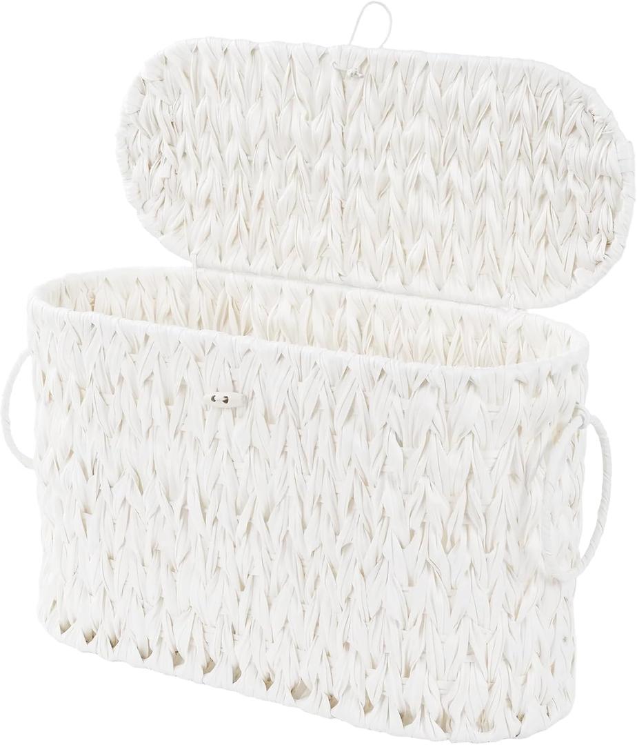 Coeusy Toilet Paper Basket,Wicker Toilet Paper Storage with Lid,Decorative Boho Wicker Basket for Bathroom,Free Standing-Cream White