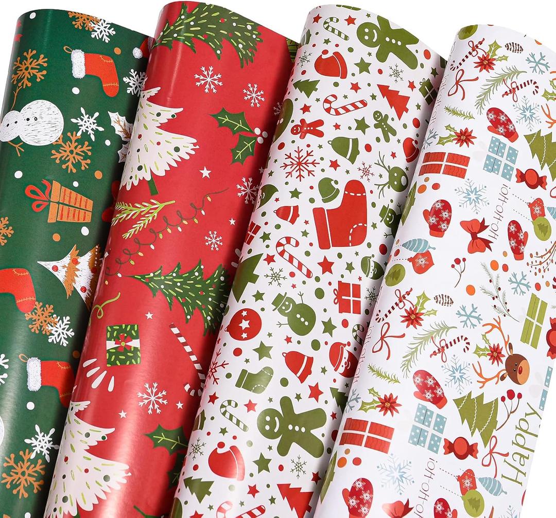 PlandRichW Christmas Wrapping Paper Folded for Kids Boys Girls Man Women Gift's. Papercraft Snowmen, Candy Canes, Tree, Socks, Snowflakes, Happy New Year Bulk of 12 Sheets 20"x 29" Folded