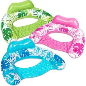 SLOOSH Inflatable Pool Floats Adult, 3 Pack Pool Chairs with Cup Holders,Blow up Floats Chair,Hammock Noodle Mat Leaves Design for Relaxing Summer Water Fun Swimming Party Beach,Blue, Green, Pink
