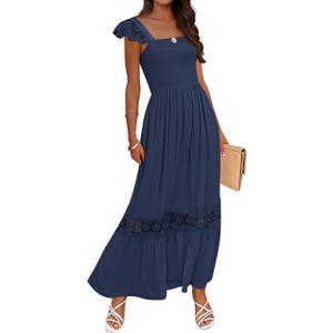 ZESICA Women's 2025 Summer Lace Strap Sleeveless Square Neck Smocked High Waist Ruffle Hollow Out Flowy A Line Maxi Dress (Medium)