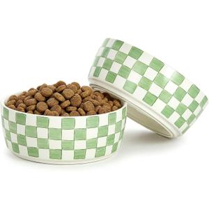 6.4 inch Ceramic Hand Painted Basic Dog Bowl Set of 2 with Anti-Skid Rubber Base, Food and Water Bowls for Small Pets Green