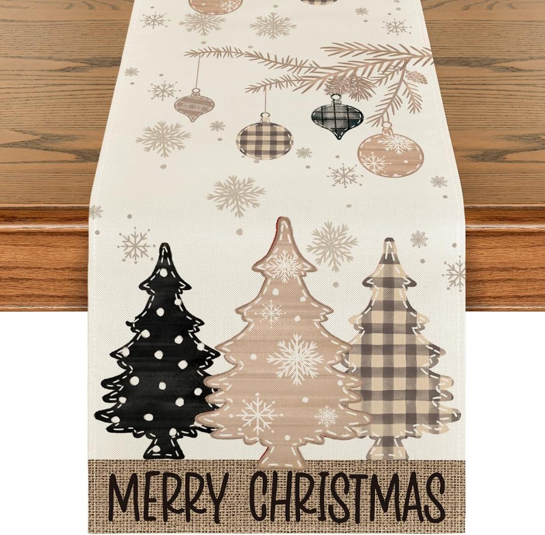Artoid Mode Brown Pine Trees Snowflake Merry Christmas Table Runner, Winter Xmas Holiday Kitchen Dining Table Decoration for Home Party Decor 13x72 Inch