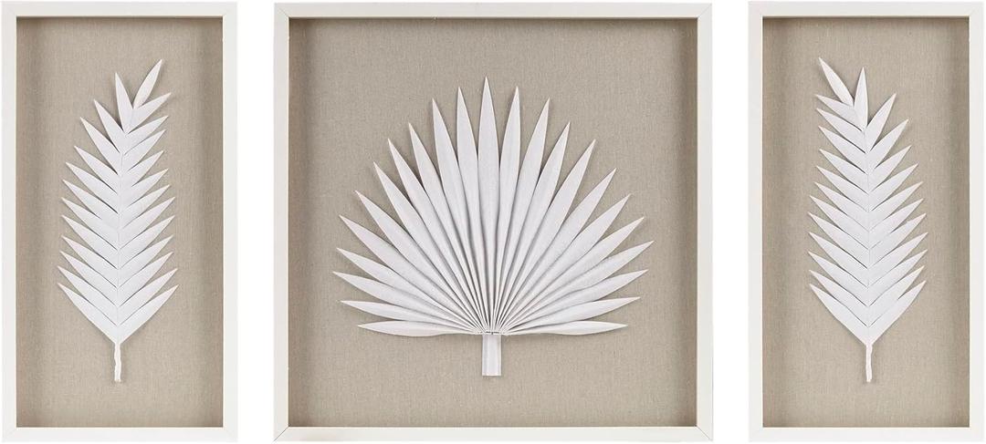 Madison Park Sabal Floral Wall Art - Handmade Canvas Palm Natural Rice Paper Shadow -Box Set, Glass, Wood Frame, Linen Base, Botanical Modern Room Decor for Hallway, Bedroom Accent, Off White 3 Piece