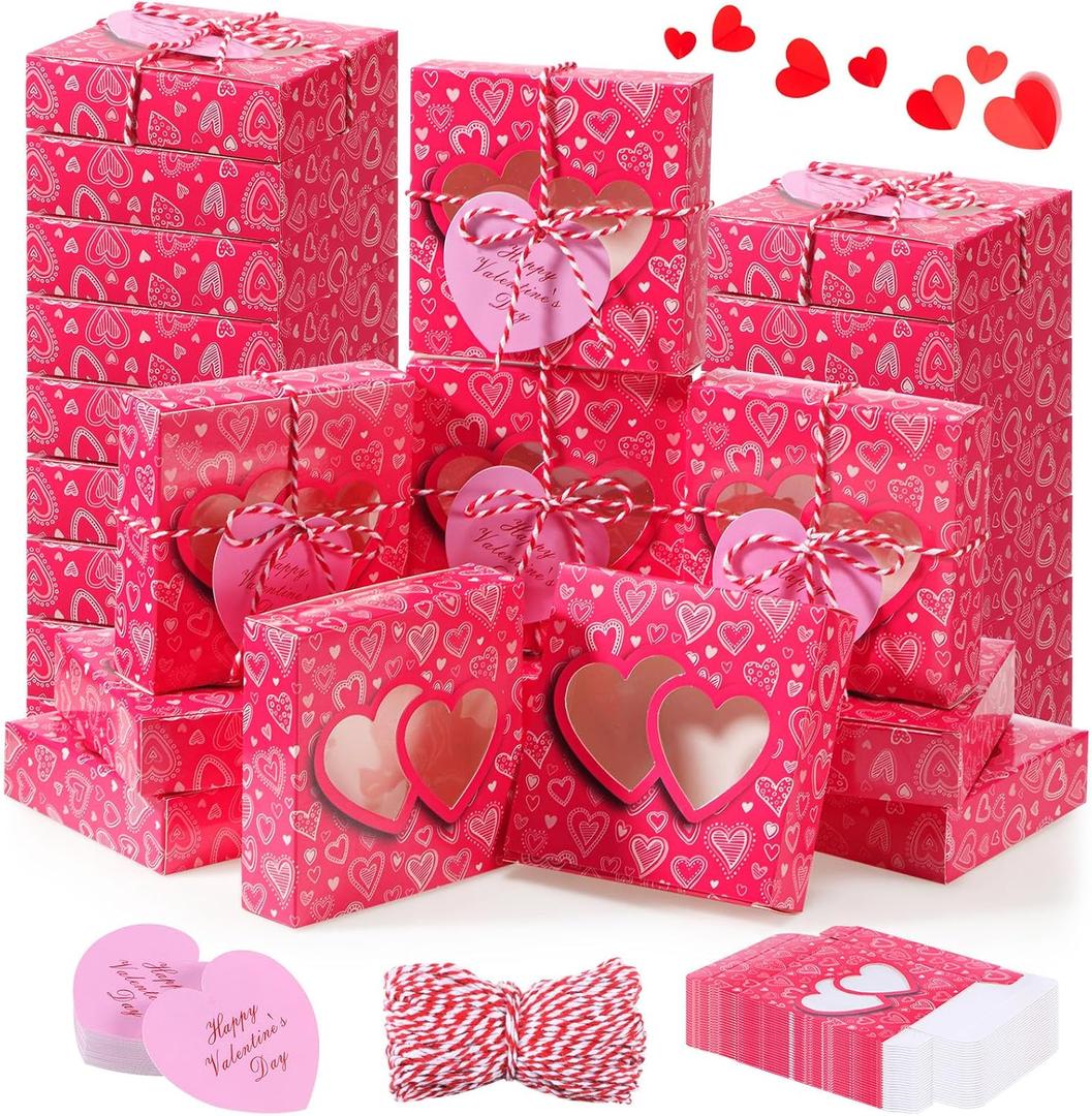 Tioncy 48 Pcs Valentines Day Cookie Boxes with Window 4.3 x 4.3 x 1.2 Inches Pink Treat Gift Bakery Candy Boxes for Gift Cupcake Chocolate Pastry Doughnut (Cute)