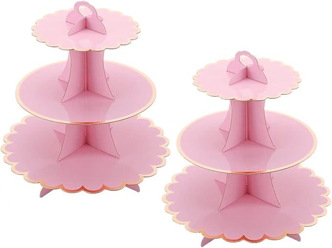 MRPAPA Pink Cardboard Cupcake Stand,2PCS Cup Cake Holder Thick Paper Dessert Tray, 3Tier Round Serving Tray Perfect for Baby Girls Pink and Gold Birthday Baby Shower Party Supplies