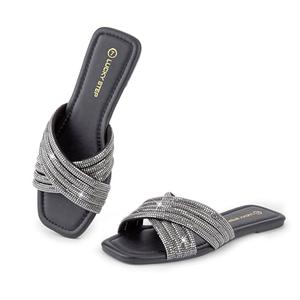 LUCKY STEP Women's Rhinestone Flat Sandals Open Toe Summer Glitter Bling Sparkle Dressy Slip on Outdoor Crossed Strap Slide (Black,9 B(M) US)