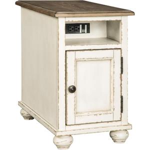 Signature Design by Ashley Realyn French Country Chair Side End Table, Cabinet Storage with Shelf, Outlets and USB Ports, Wood, 14" W x 24" D x 23.13" H, Cream