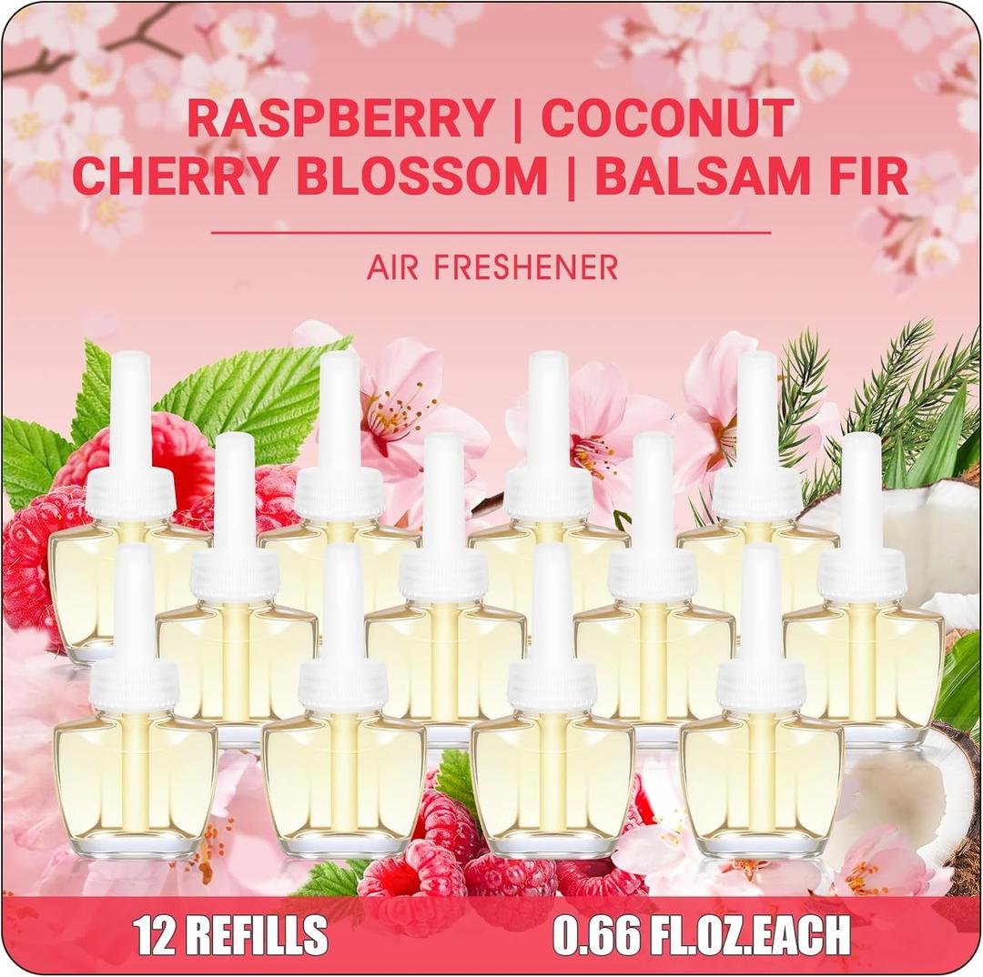 Plug In Air Freshener Refills 12 Pack – Cherry Blossom, Raspberry, Balsam Fir, Coconut, Spring & Summer Scented Refill for Home & Bathroom, Compatible with Air Wick & Glade