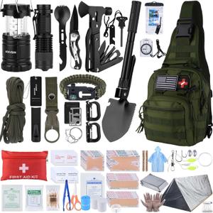 Survival Kit, 250pcs Survival Tools Tactical Gear and Trauma Bag, Survival First Aid Kit with Molle Crossbody Bag & Emergency Tent for Earthquake, Bug Out, Outdoor Adventure, Gifts for Christmas Men (Green)