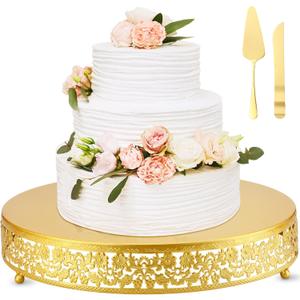 Wenqik 16 Inch Gold Cake Stand Set Metal Round Cupcake Dessert Stand with Cake Cutting, Spatula Wedding Cupcake Pastry Display Candy Holder Display for Wedding Party Birthday Baby Shower(Flower)