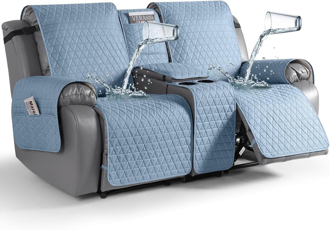 TAOCOCO 100% Waterproof Loveseat Recliner Cover with Console, Non-Slip Washable Reclining Couch Cover for 2 Seats, Furniture Protector for Dogs, Sky Blue