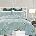 Teal Floral Duvet Cover Queen Size, 3pc Turquoise Aqua Farmhouse Apricot Blossom White Flowers Pattern Printed Microfiber Comforter Cover Set, Soft and Lightweight Quilt Cover for Women 90x90 nches