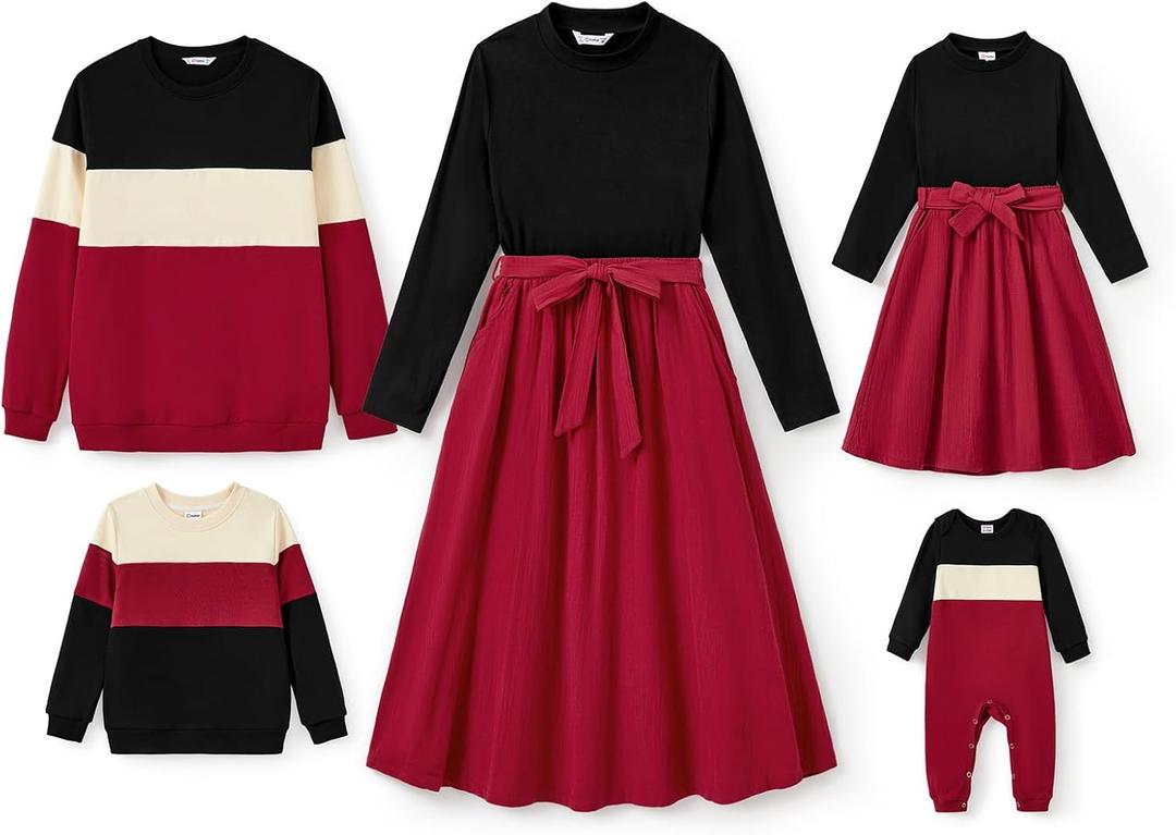 PATPAT Family Matching Outfits for Fall Winter Long Sleeve Women Dresses and Sweatshirts Sets for Holiday Photoshoot (S)