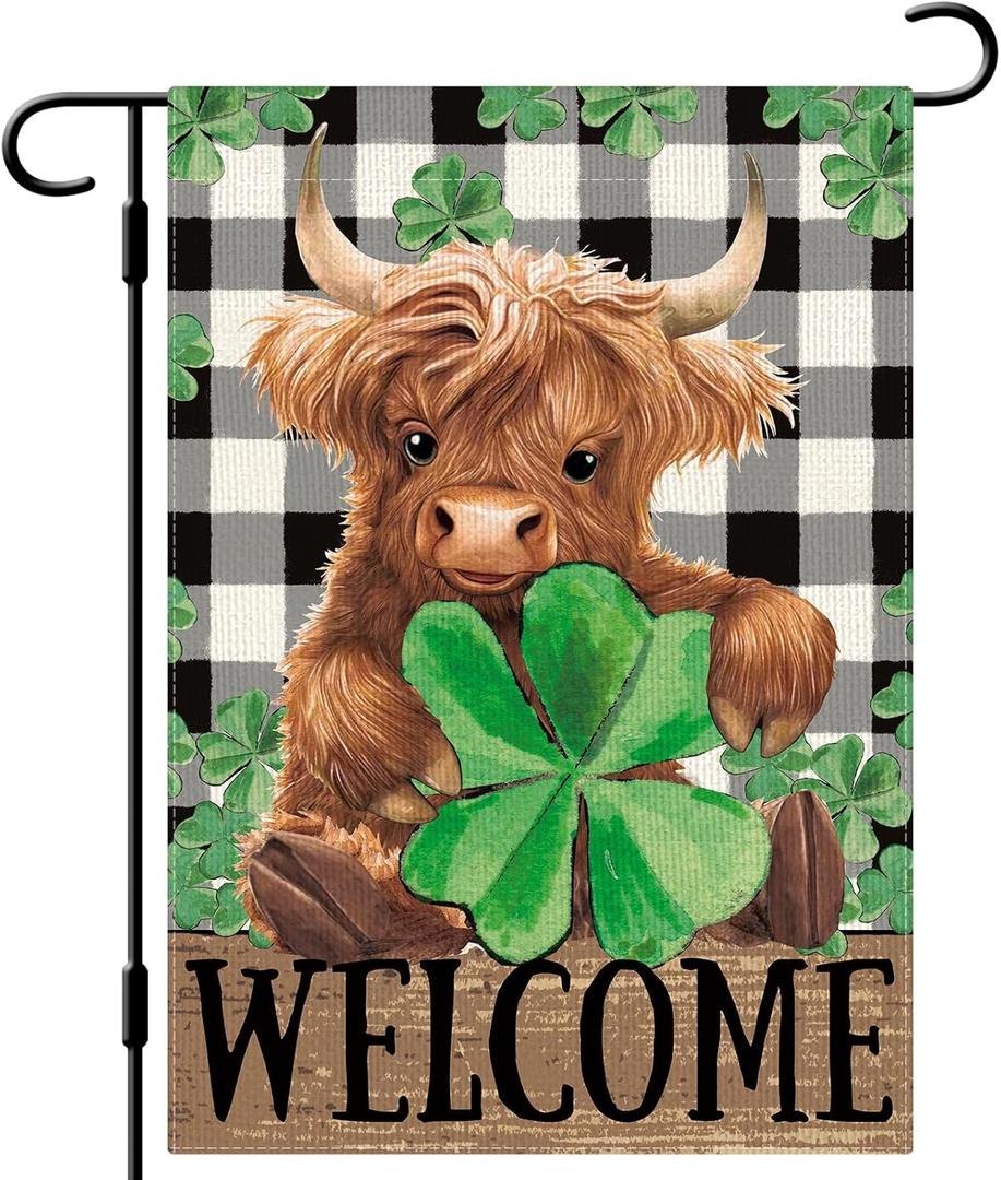 DLZDN Welcome St Patricks Day Highland Cow Garden Flag 1218 Inch Double Side Vertical Burlap Farmhouse Yard Sign Spring Holiday Outdoor Decoration