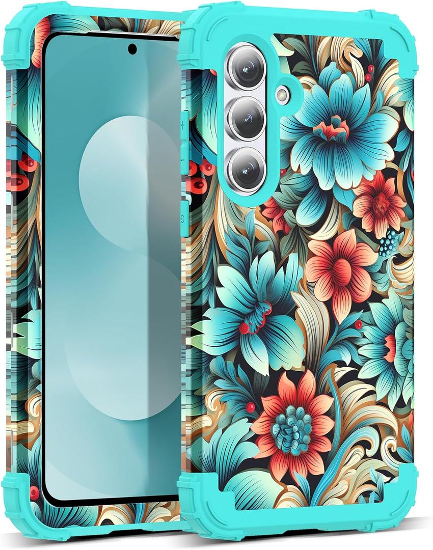Compatible with Galaxy S25 FE Case,3 in 1 Oil Painting Flower Pattern Heavy Duty Shockproof Protection Silicone Rubber Bumper+Hard PC Protective Cover for Samsung S25 FE 6.7",Blue Flower