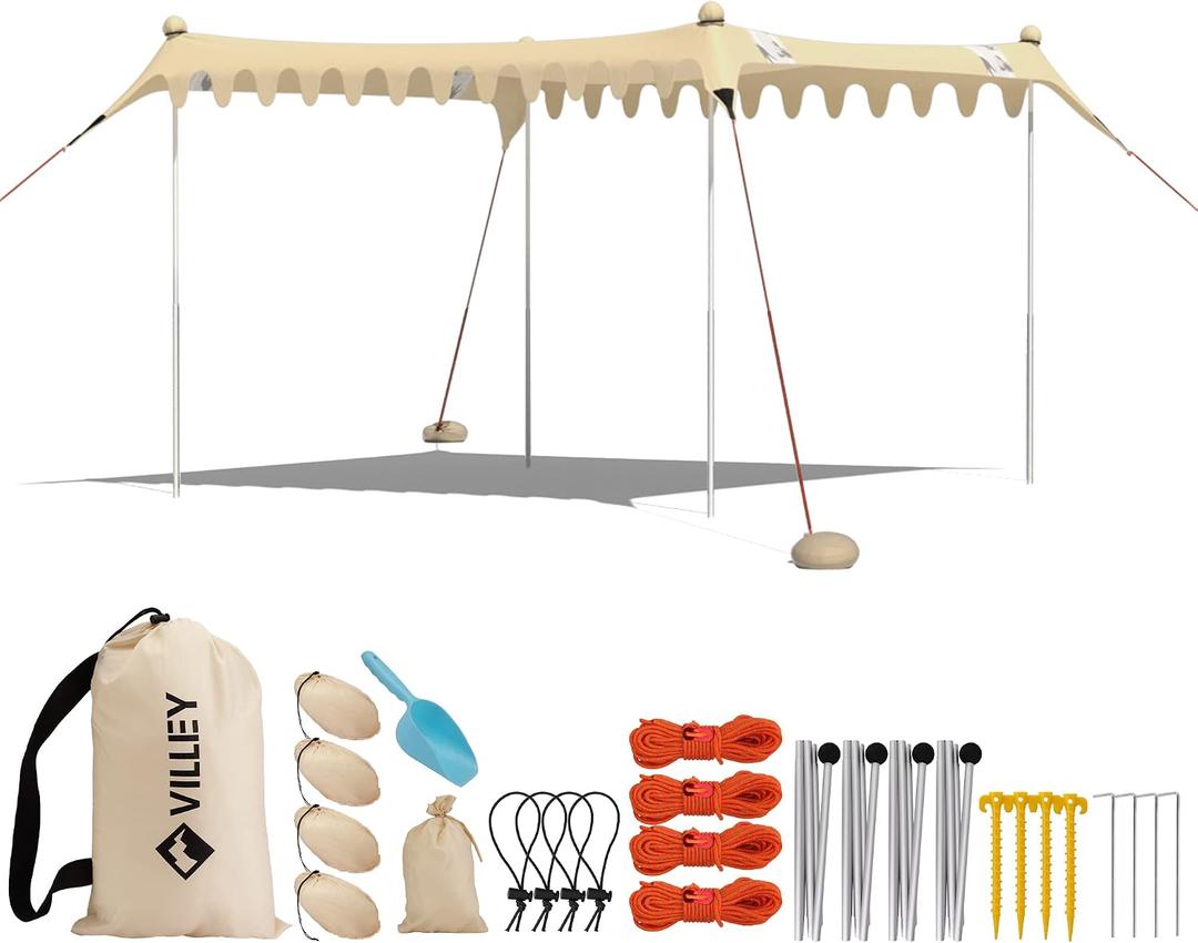 VILLEY Beach Tent Sun Shelter with UPF50+ Protection, 1110FT Portable Sun Shade with 4 Stability Poles, 8 Ground Pegs, 4 Sandbags and Sand Shovel, Outdoor Beach Canopy for Camping Trips, Picnics