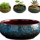 Oncpcare Lotus Bowl Planter Glazed Ceramic Water Plant Pot for Indoor Outdoor Use, Shallow Hydroponic Vase for Lotus Seeds, Succulents, Bonsai, Water Lily Arrangement (Blue), Medium