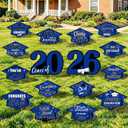 16 Pieces 2026 Graduation Yard Signs Plastic Congrats Grad Decor with 32 Stake and Ribbon Graduate Cap Hanging Yard Sign for Party Outdoor Lawn Pathway Walkway Decorations(Blue and Black)