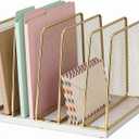 Gold Desk File Organizer, 5-Section Upright File Sorter, Vertical File Folder Holder, Mesh Metal Wood Office Desktop Organization for Document, Magazine, Books and more (White and Gold)