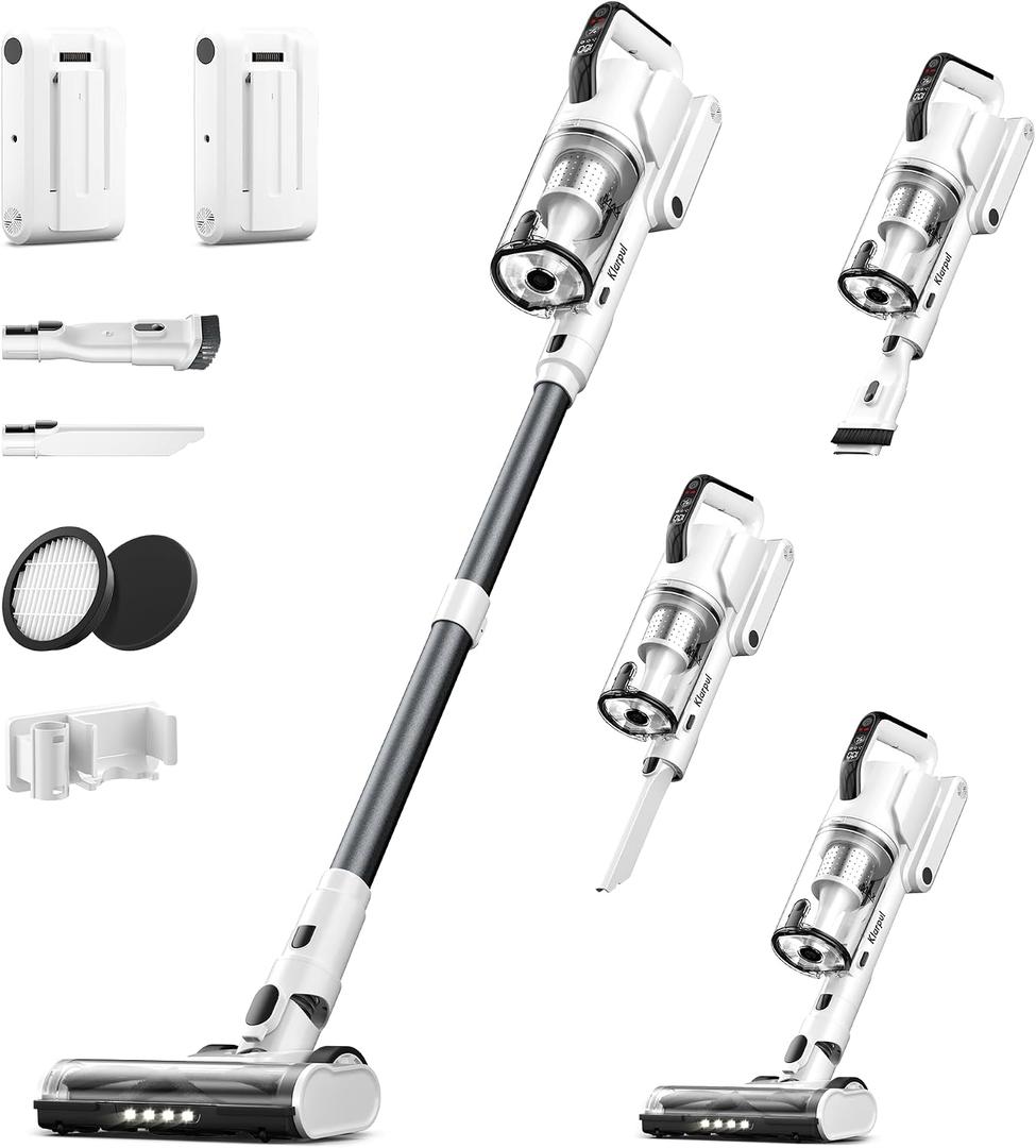 Klarpul Cordless Vacuum Cleaner, 2 Batteries 140 Mins Runtime 600W 50Kpa Stick Vacuum Cordless, Self-Standing Vacuum Cleaners for Home with 2.5H Fast Charging, for Floor/Carpet/Pet Hair, White