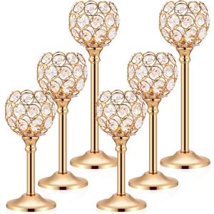 Mimorou 6 Pack Crystal Candle Holders Gold or Silver Candle Holders Bulk Tealight Candlestick Crystal Candelabras for Wedding Party Valentine Christmas Dining Table Centerpieces Decoration (Gold)