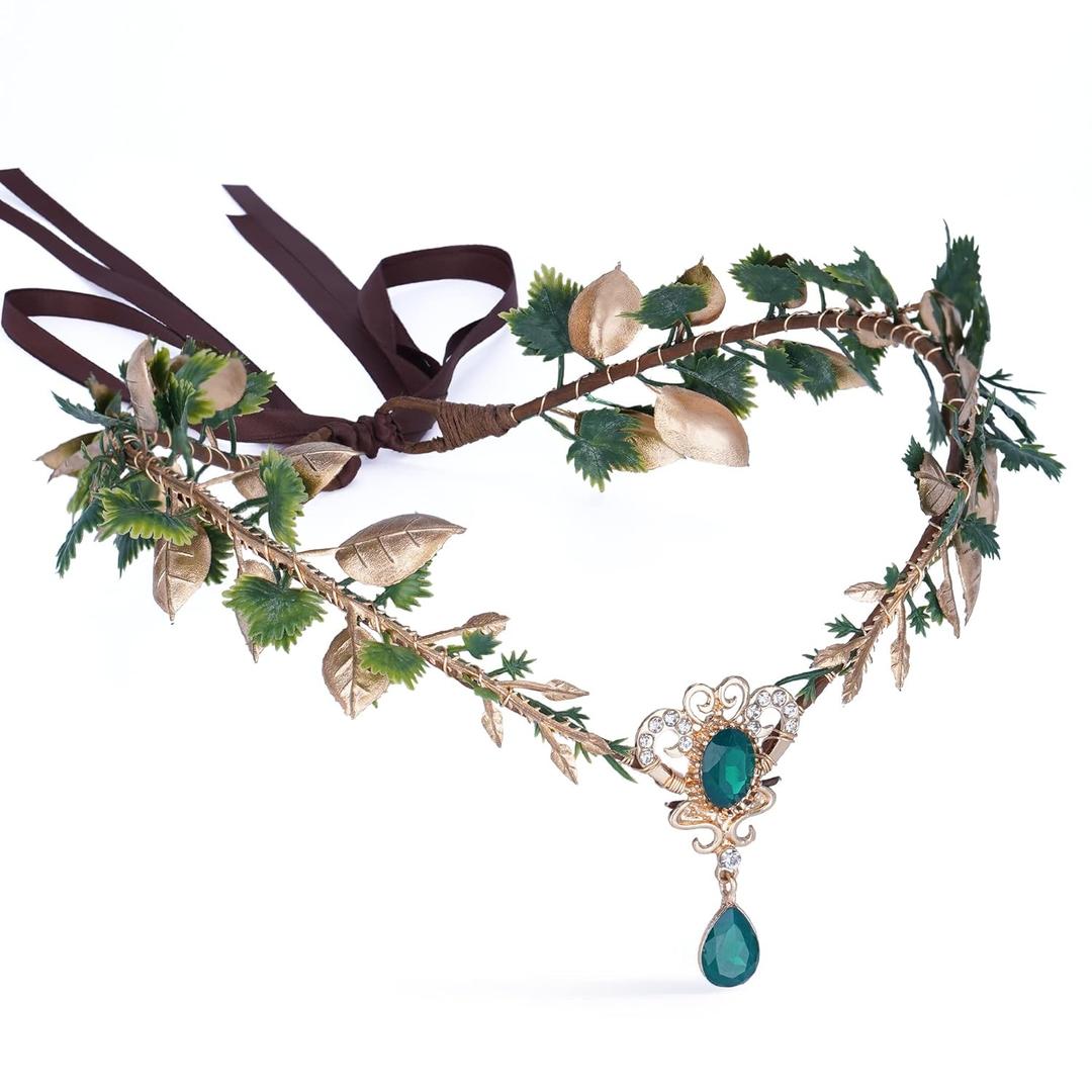 MOSTORY Woodland Elf Flowr Crown - Handmade Fairy Headpiece Forest Floral Headband Elven Circlet with Crystal for Women s Renaissance Party Cosplay Masquerade Photo Shoot