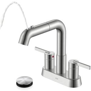KENES Pull Down Bathroom Faucet with Sprayer, Brushed Nickel 4 Inch 2 Handle Centerset Bathroom Faucets 3 Hole with Pull Out Sprayer, Vanity Faucet with Pop Up Drain & Supply Lines LJ-9059A