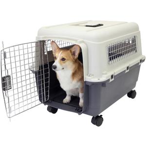 SportPet Airline Compliant MEDIUM 24.25" Travel Dog Kennel-Durable Plastic Airline Pet Carrier w/Removable Wheels & Food Bowls, Collapsible Indoor/Outdoor Dog Kennel, Dogs up to 23"L & 15"H-Cream/Gray