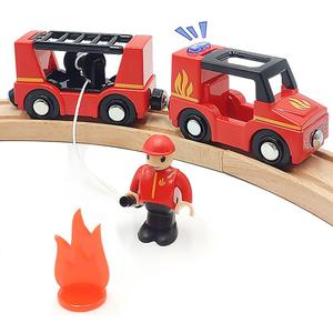 Wooden Train Cars Track Accessories Set Rescue Fire Truck Small Vehicles Magnetic Train Cars Fit for Wooden Train Track Railway for Boys and Girls (Fire Truck(with Light and Sound))