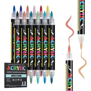 24 Colors Acrylic Marker With Double Brush Tips Automatic Ink Control, Water Based Ink Paint Markers For Rock, Wood, Ceramic, Glass, Stone, Fabric, DIY Crafts Textile & Art Supplies 12PCS