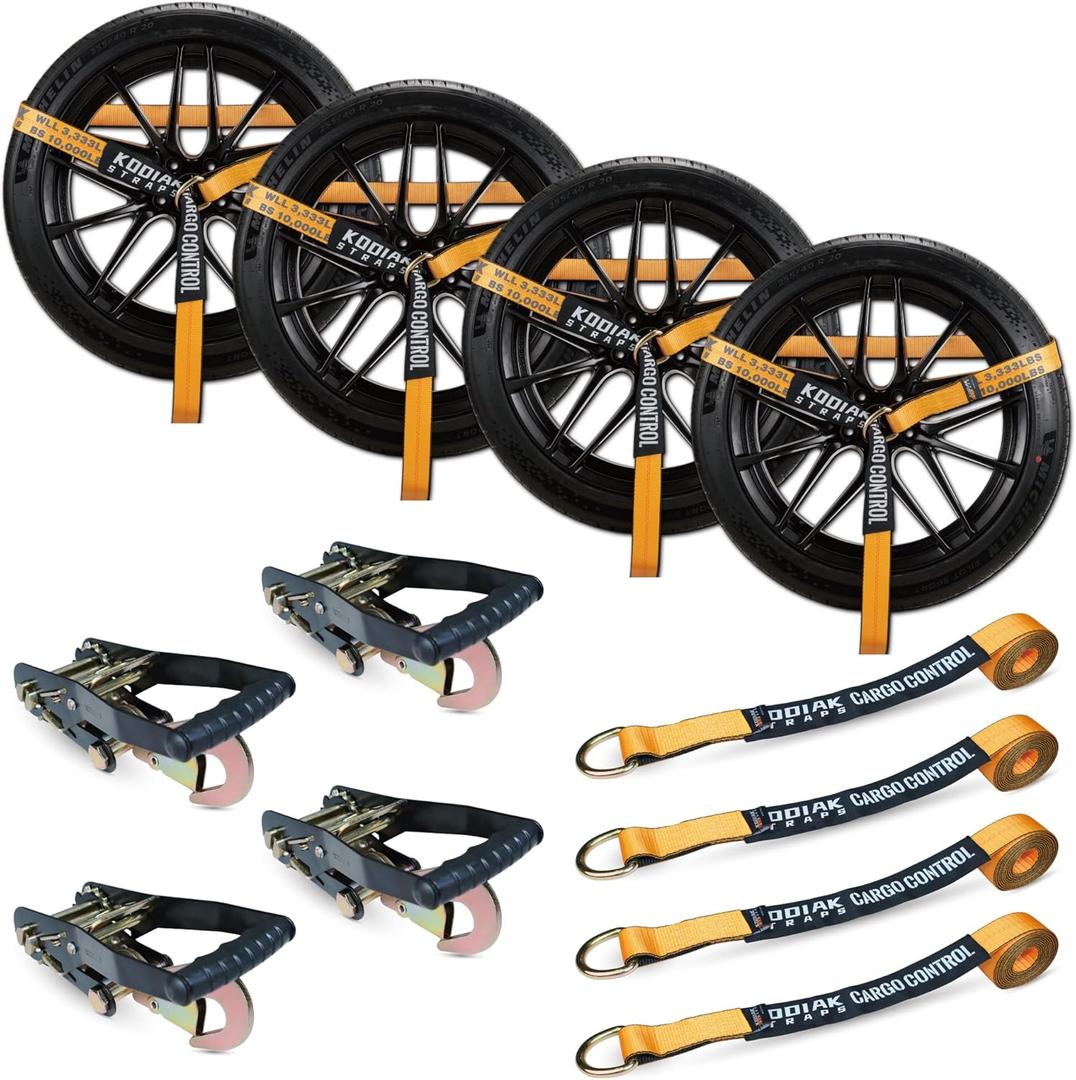 KODIAK STRAPS Adjustable Vehicle Tire Tie Down Straps Kit 4pk Heavy Duty Tire Straps with Snap Hooks 10,000 lbs. Working Load 3333 lbs. Lasso 4 x Tow Strap Kit for Car, Truck, ATV Towing Accessories