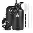 RAYMYLO Insulated Water Bottle 64 oz, Triple Wall Vacuum Stainless Steel (Cold for 48 Hrs), Leak Proof & Non-BPA, Half Gallon Water Flask Jug with Paracord Handle & Straw Spout Lids, Magic Black