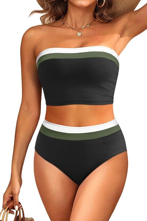 Tempt Me Women Bandeau Bikini Set Strapless High Waisted Two Piece Swimsuit Longline Bathing Suits Black Color Block M