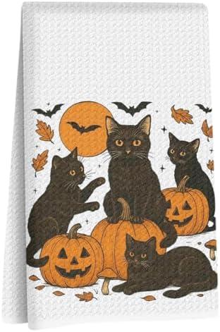 Lovdazzles Halloween Cat Kitchen Towels, Jack-O'-Lantern Decorative Absorbent Microfiber Dish Cloth Tea Towel, Bat Waffle Soft Hand Towels for Farmhouse Home Bathroom, Halloween Decor Gift