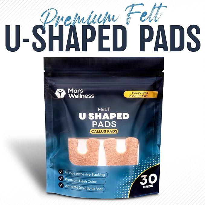Mars Wellness U-Shaped Callus Pads for Feet, 1/4" Thick, Flesh Colored, Pack of 30 with Adhesive Backing - Callus Remover for Feet, Callus Cushions
