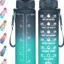Enerbone 32 oz Drinking Water Bottle with Times to Drink and Straw, Motivational with Carrying Strap, Leakproof BPA & Toxic Free, Ensure You Drink Enough Water for Fitness Gym Outdoor (Navy Blue Green)