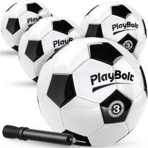 PlayBolt Soccer Ball Size 3 with Pump - Black & White Training Practice & Match Ball for Kids (Pack of 4)
