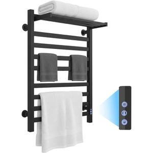 8-Bar Towel Warmer with with Top Warmer Shelf, Electric Towel Rack Set with Fast Heating, Auto Shut-Off Timer, Matte Black Finish, Hardwired or Plug-in, Hot Towels in Bathroom