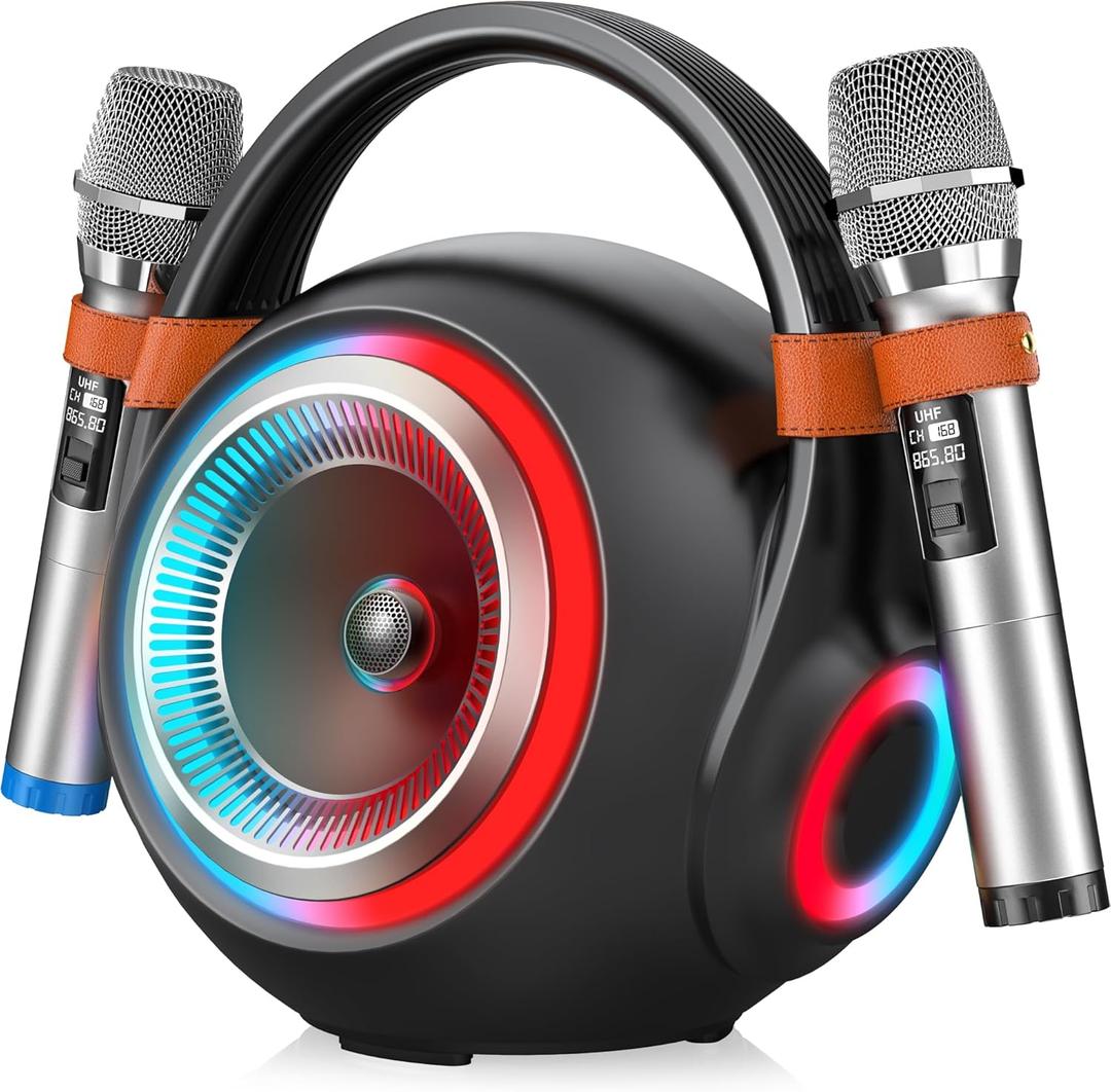 MELOACE Karaoke Machine, Powerful Bluetooth Speaker with 2 UHF Wireless Microphones, Versatile Portable PA System, Loud Sound with Crystal-Clear Treble & Rich Bass for Home Party and Outdoor Events